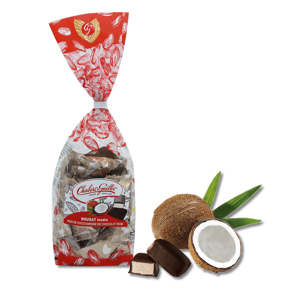 Nougat tendre à la noix de coco enrobé de chocolat noir - Sachet